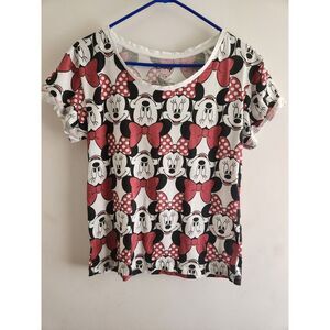 Disney Minnie Mouse Women's Graphic T-Shirt Size Large White with Red Bows EUC